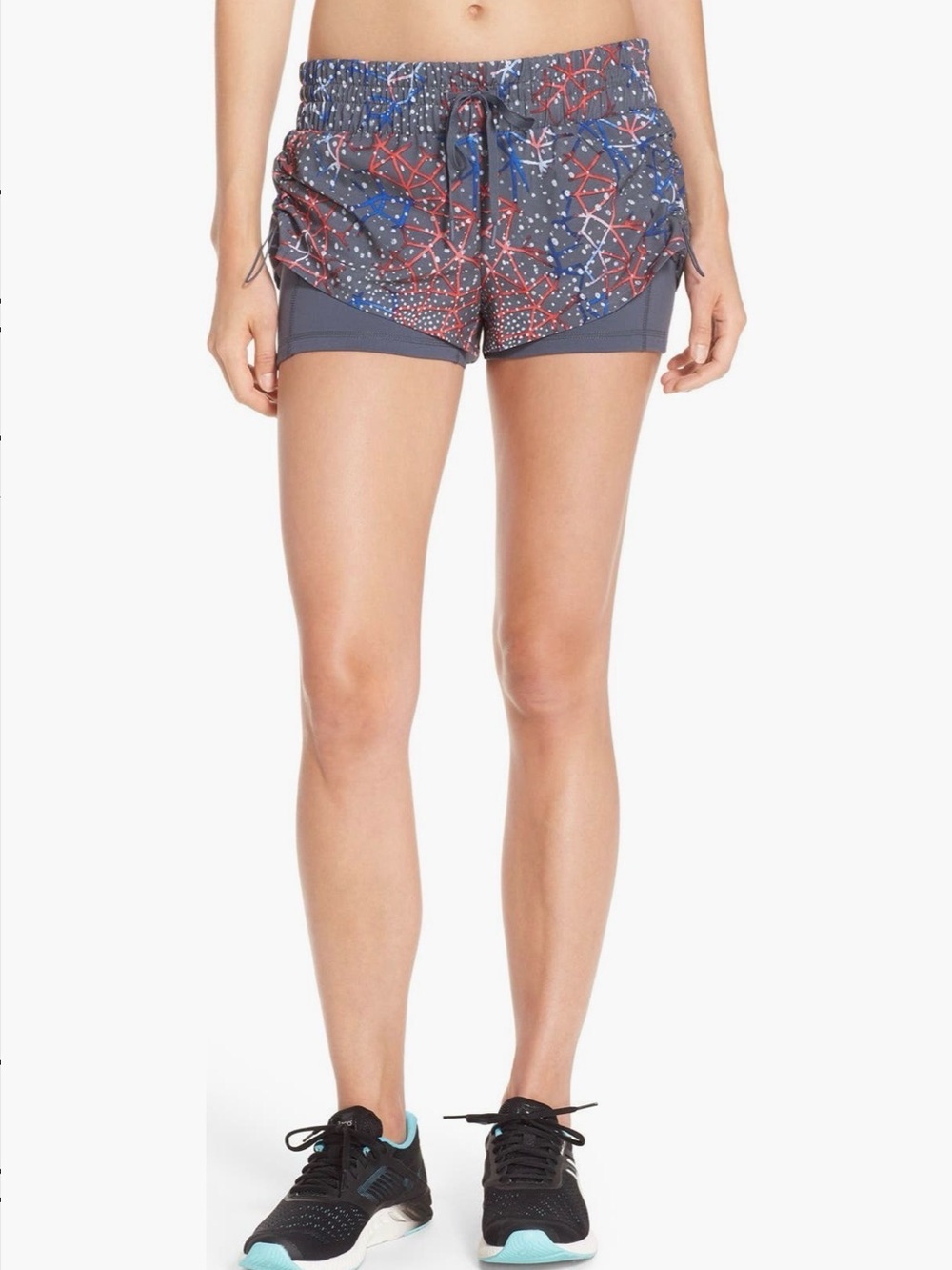 Zella Twice As Nice Layered Athletic Shorts, Grey Graphite Dot Print, Size L